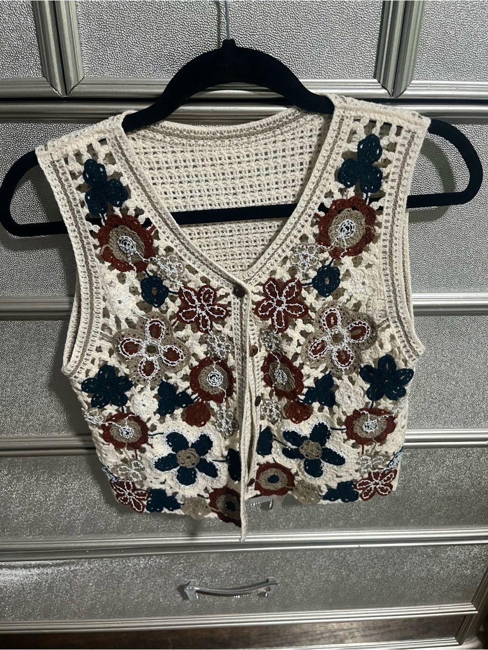 Crochet Floral Vest in Cream with Blue & Brown Accents